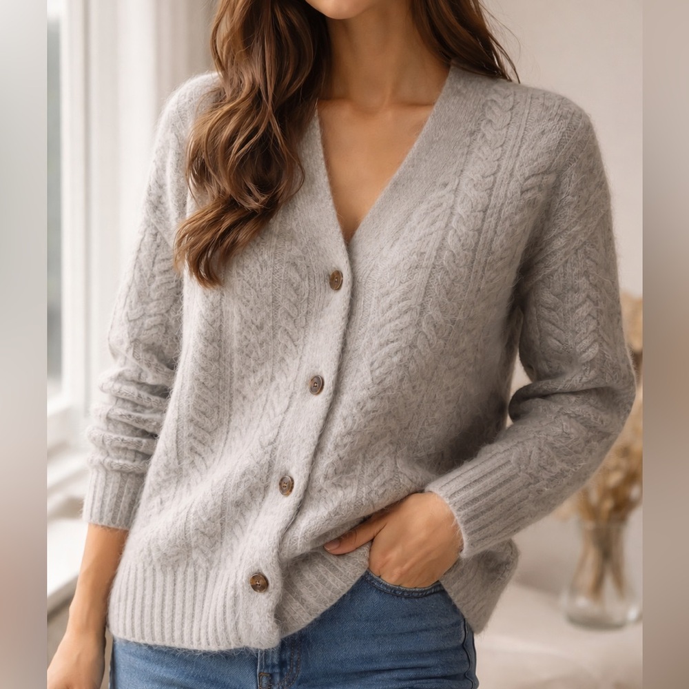 Blossom Alpaca Wool Cable Knit Cardigan Gray Cozy Button Front Korean Brand